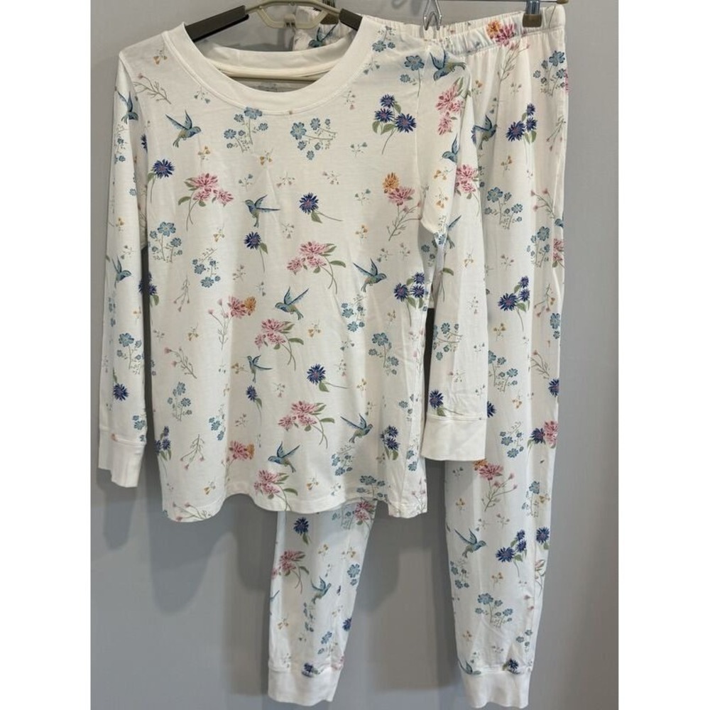 Cuddledown 2pc Pajama Set 100% Pima Cotton Long Sleeve Pants White Floral New M